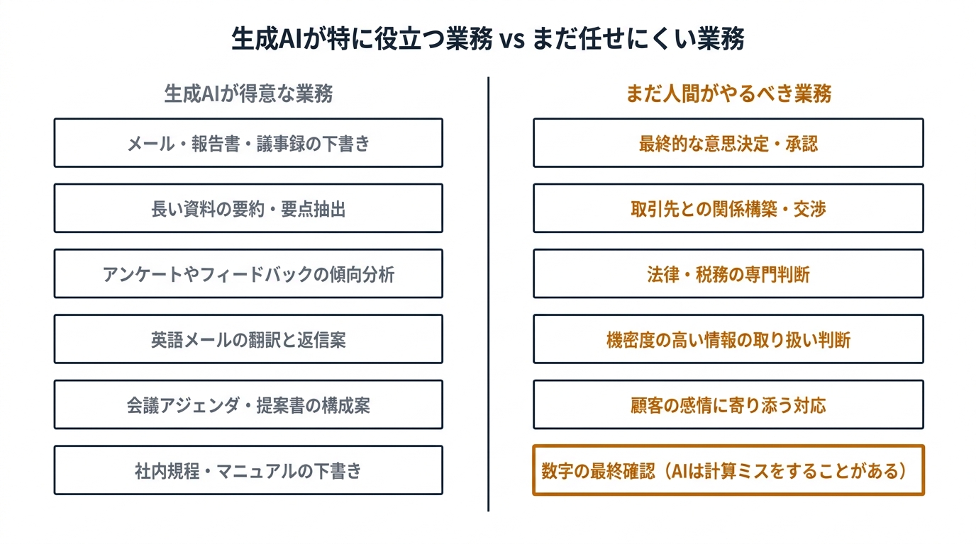 生成AIが特に役立つ業務 vs まだ任せにくい業務