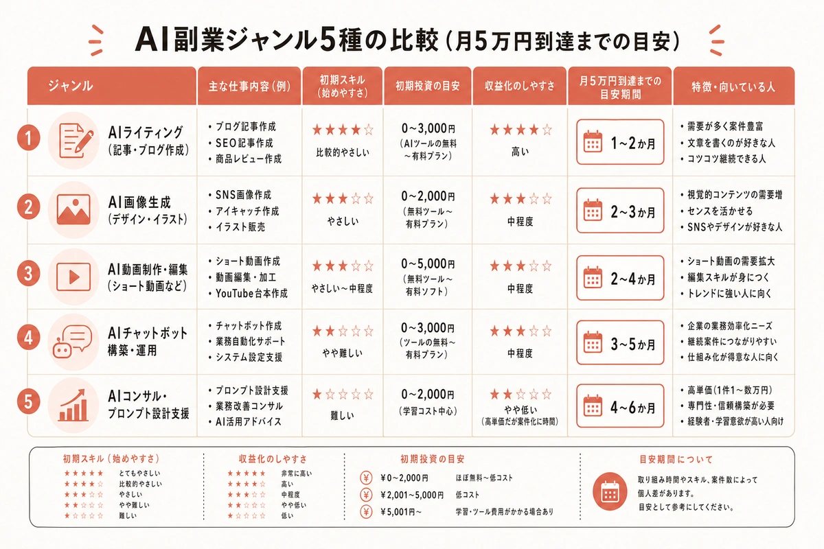 AI副業ジャンル5種の比較(月5万円到達までの目安)