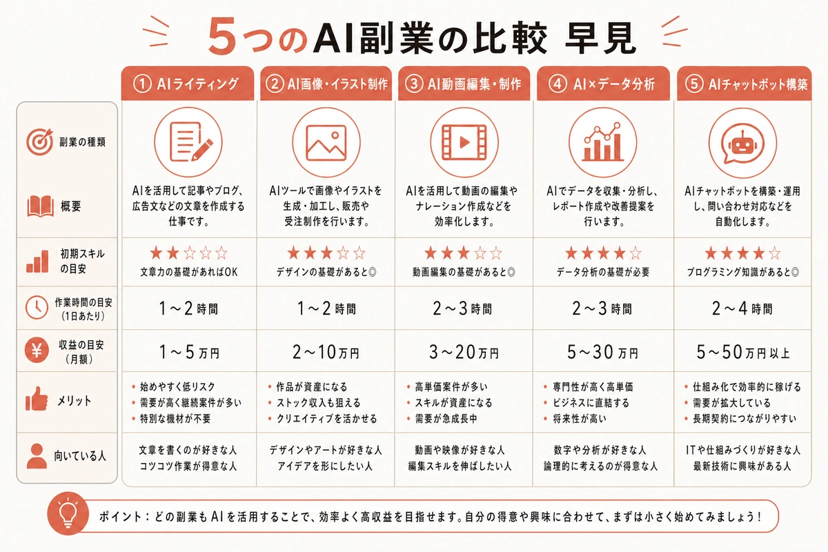 5つのAI副業の比較 早見