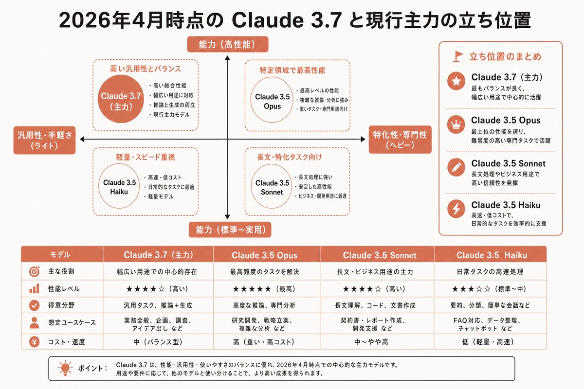 2026年4月時点の Claude 3.7 と現行主力の立ち位置