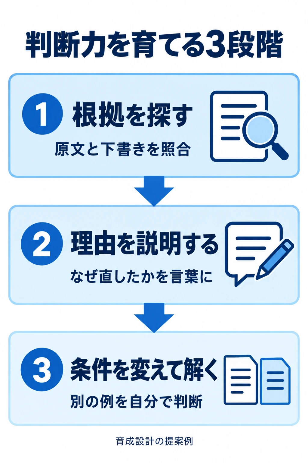 新人が原文と下書きを照合して根拠を探し、修正理由を説明し、条件を変えた別の例を自分で判断する3段階。育成設計の提案例。